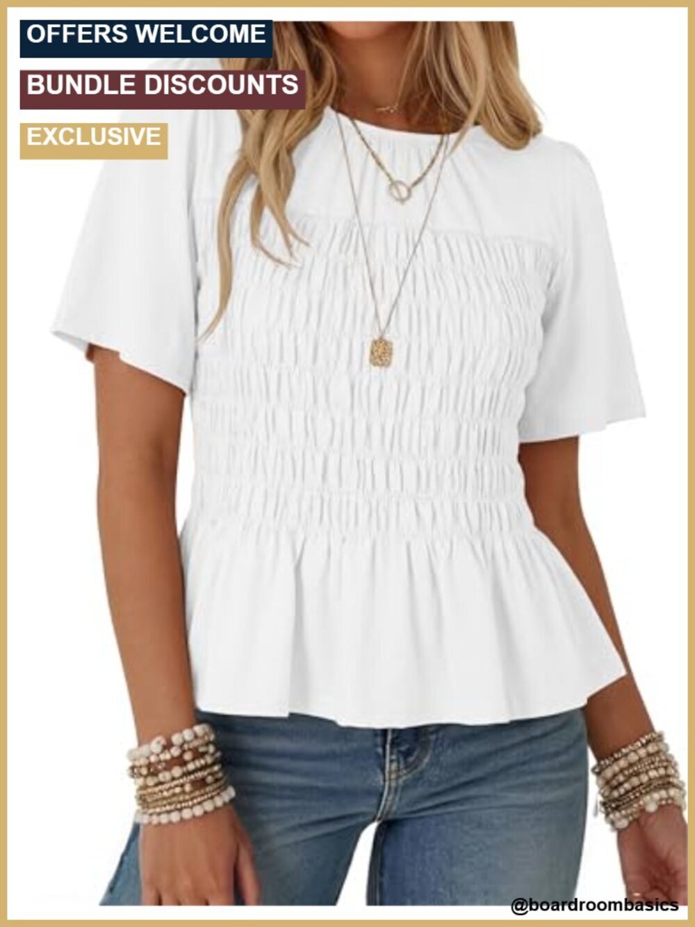 Smocked Peplum Babydoll Top Elastic Waist Ruffle Hem Flowy Short Sleeve Blouse